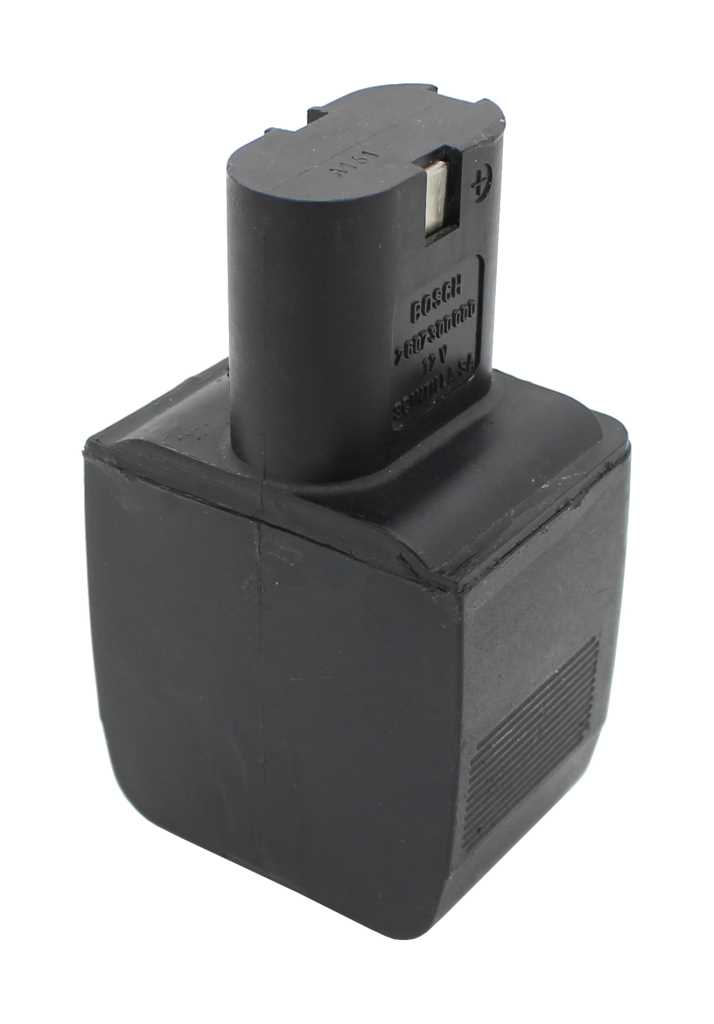 Schwarzer Werkzeugakku mit rechteckigem Sockel und aufgesetztem Steckkontakt, seitlich geriffelte Fläche sichtbar