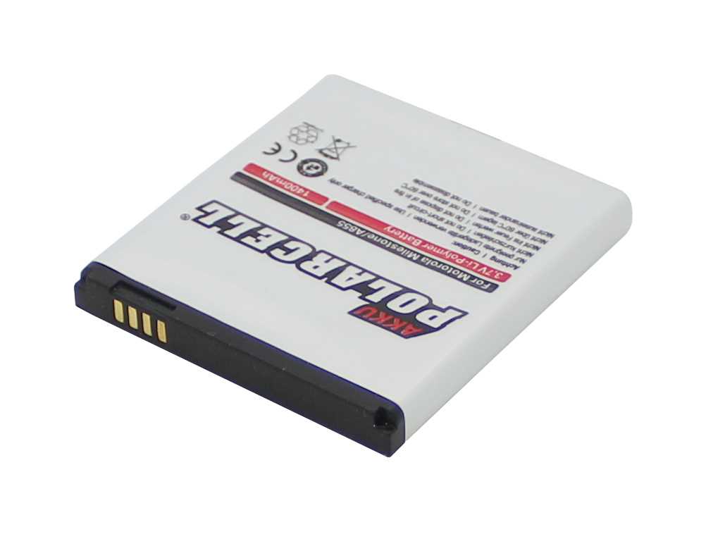 Weißer Handyakku mit schwarzer Kante und vier goldenen Kontakten, schräg auf weißem Hintergrund