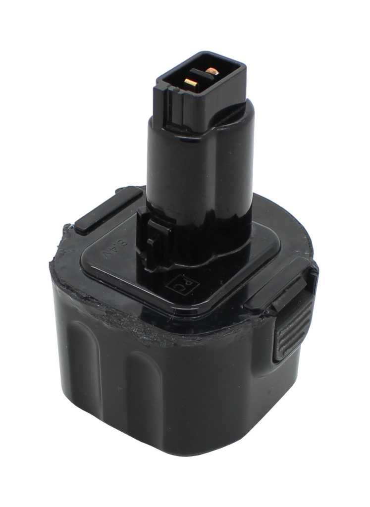 Schwarzer Werkzeugakku mit Kontaktstecker und seitlichen Entriegelungstasten, freigestellt auf weißem Hintergrund