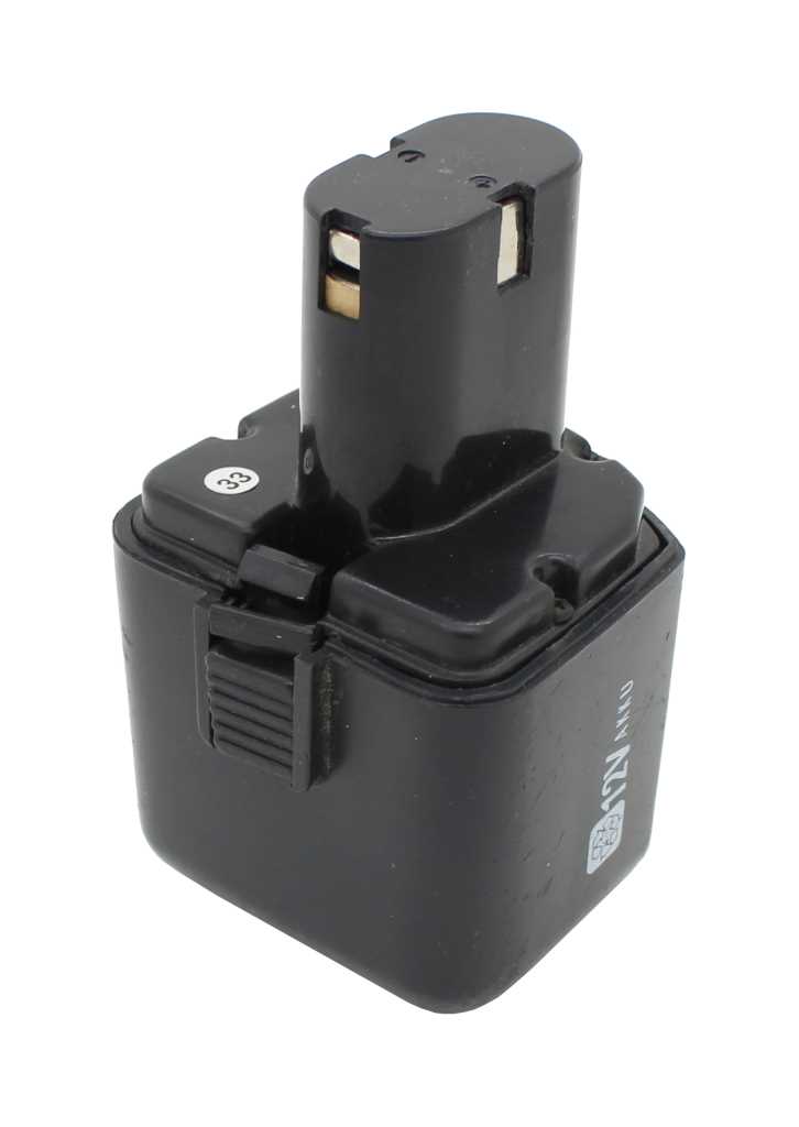 Schwarzer Werkzeugakku mit rechteckigem Gehäuse, hohem Steckaufsatz und Entriegelungslasche an der Frontseite