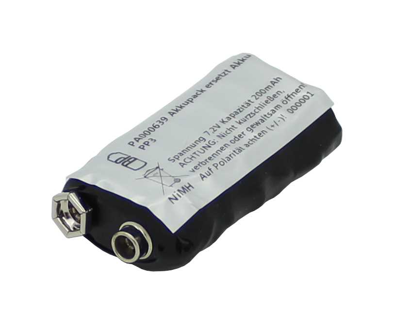 Schwarzer Akku im Schrumpfschlauch mit weißem Etikett und zwei Druckkontakten an der Stirnseite