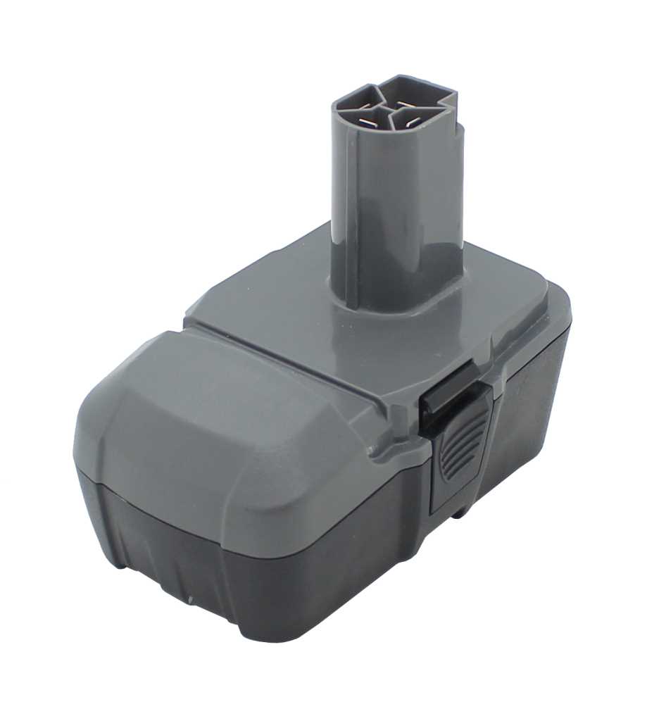 Grauer Werkzeugakku mit Steckkontakt oben und seitlicher Entriegelungstaste, freigestellt auf weißem Hintergrund
