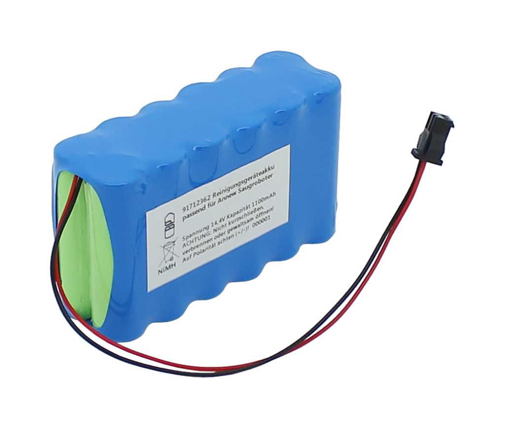 Blauer Akkupack mit Etikett, seitlich grüne Zellen sichtbar, rotes und schwarzes Kabel mit schwarzem Stecker