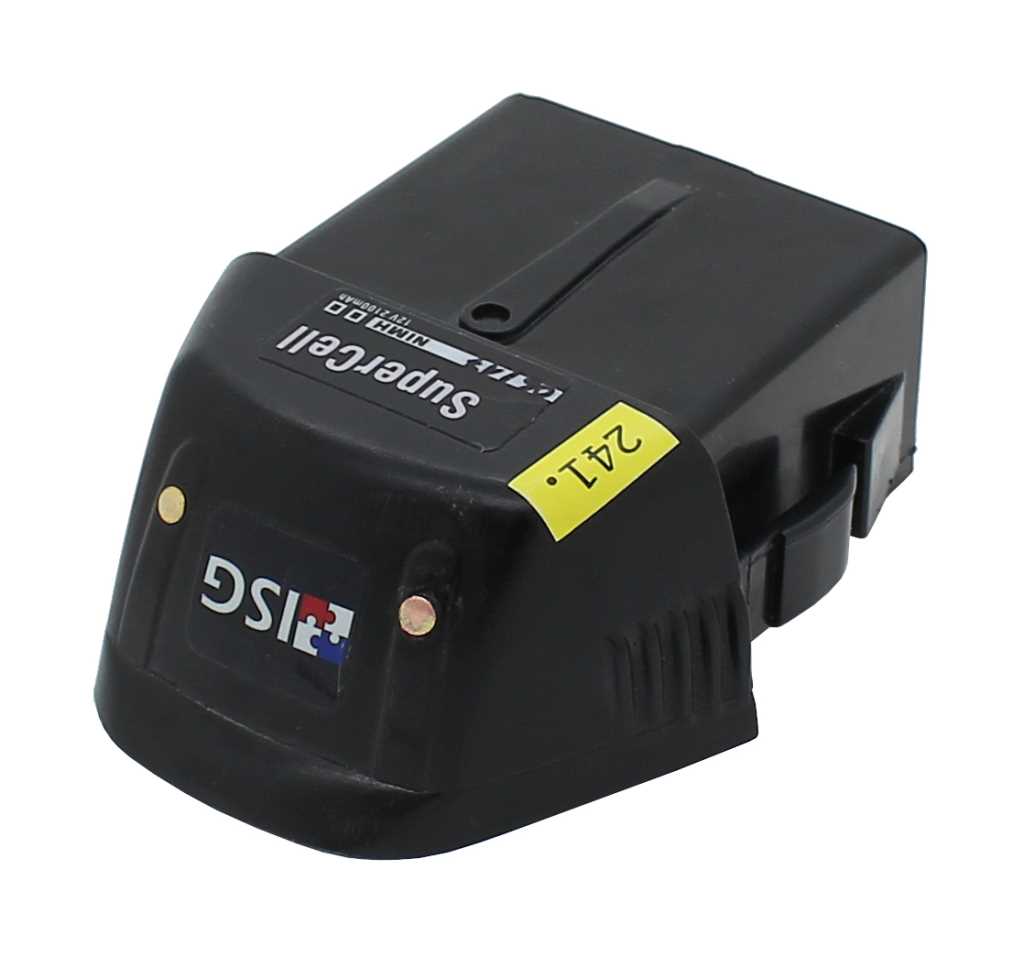 Schwarzer Akkupack mit ISG-Logo, seitlichen Kontaktpunkten und gelbem Aufkleber, schräg von oben fotografiert