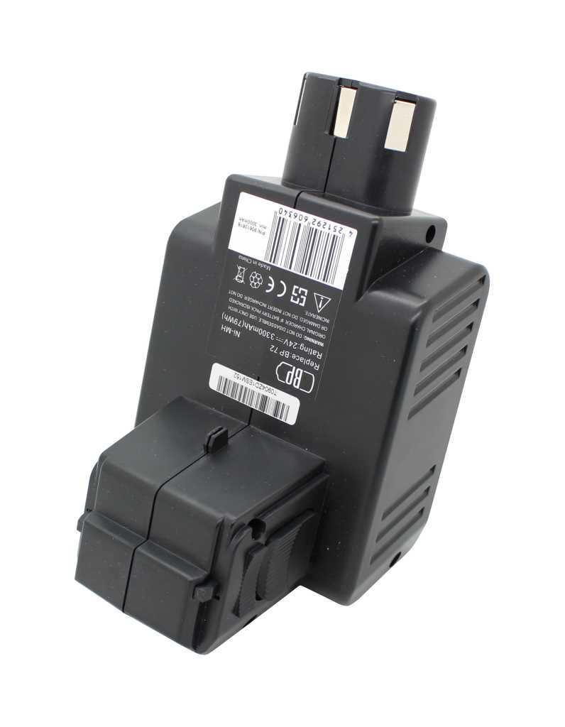 Schwarzer Werkzeugakku mit Barcode-Etikett, zwei Kontaktflächen oben und Lüftungsschlitzen an der Seite