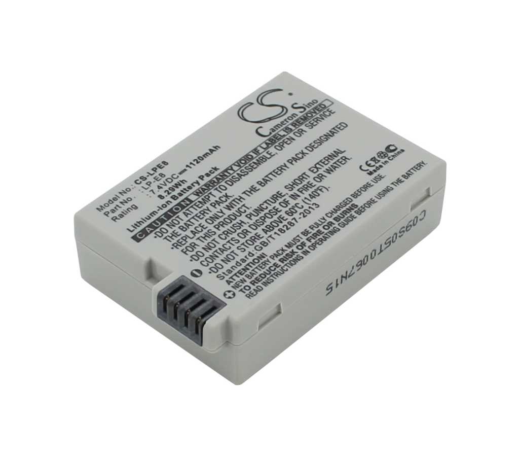 Grauer Kameraakku mit Kontaktleiste, seitlicher Modellaufdruck, auf weißem Hintergrund