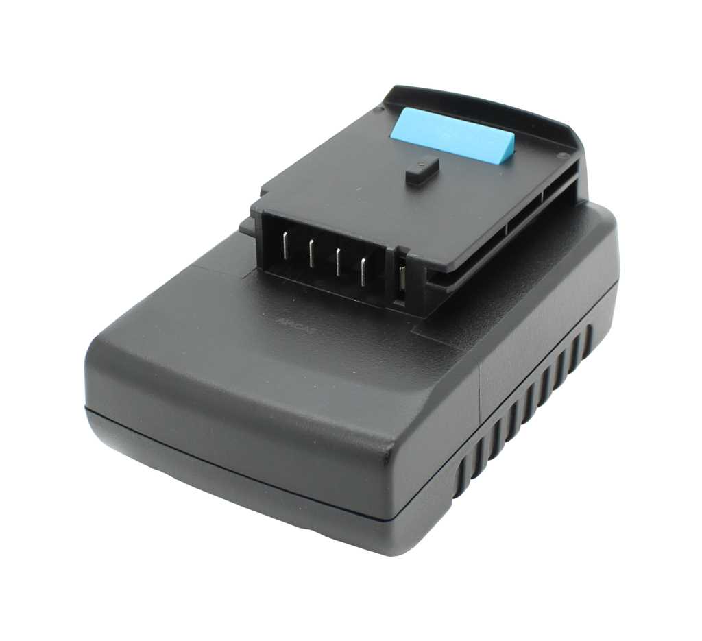 Schwarzer Werkzeugakku mit Steckkontakten und blauem Entriegelungsknopf auf weißem Hintergrund