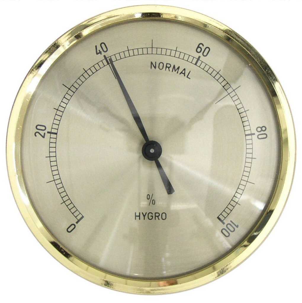 Rundes Hygrometer mit goldfarbenem Rand, Skala 0–100 und schwarzem Zeiger auf etwa 40%